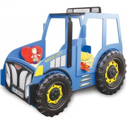 Pat pentru copii Tractor Farmer cu LED-uri din lemn MDF - Pat Albastru in forma de masina cu saltea inclusa